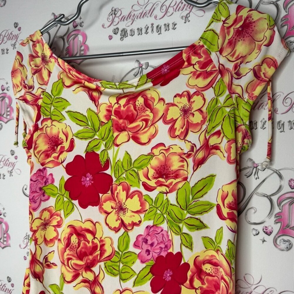 Reitmans top cinch tie sleeves bright flowers Floral Print shirt y2k neon - Picture 3 of 11